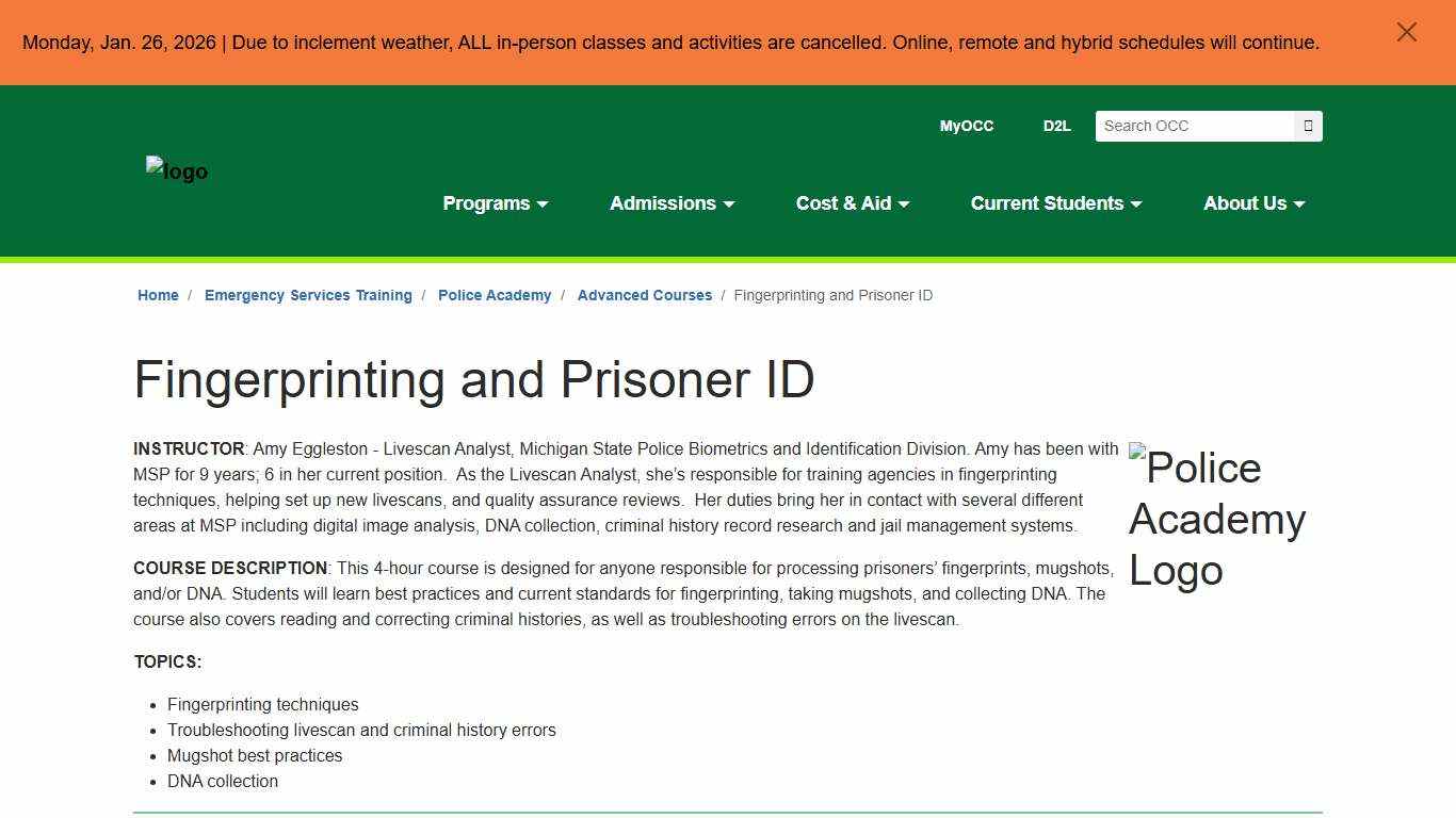 Fingerprinting and Prisoner ID Oakland County, MI Oakland Community College